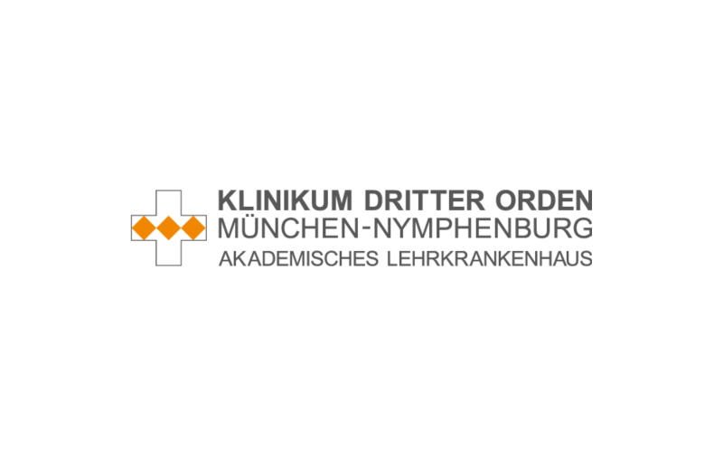 Orangenes Klinikum Dritter Orden Logo, weißes medizinisches Kreuz mit 3 orangenen Rauten