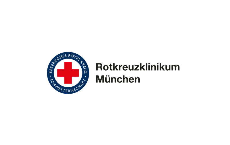 Rot blaues Rotkreuzklinikum München Logo, rotes medizinisches Kreuz in blauem Kreis 