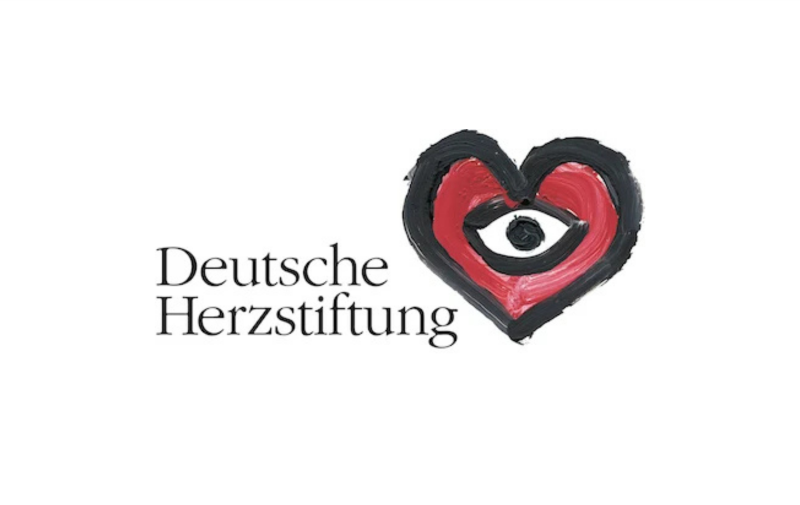 Schwarz rotes Deutsche Herzstiftung Logo, gemaltes rotes Herz mit Auge