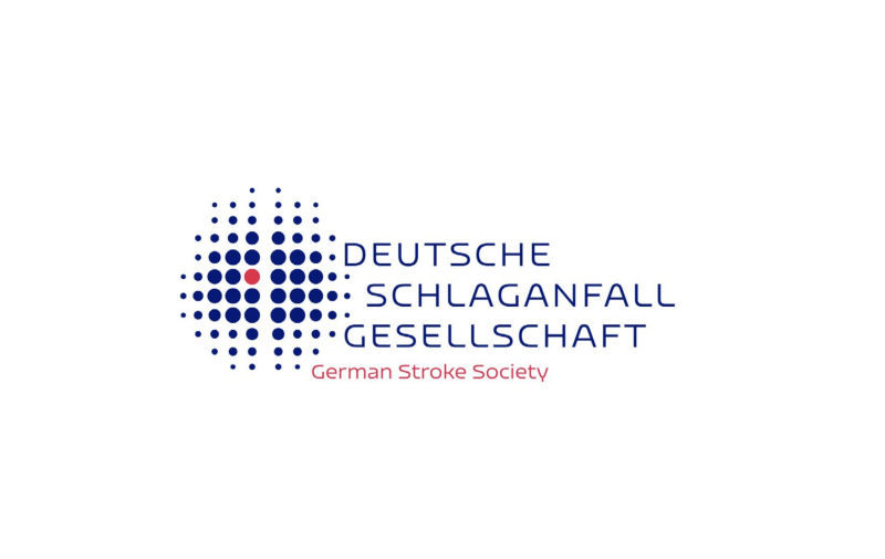 dunkelblau rotes Deutsche Schlaganfallgesellschaft Logo, viele blaue Punkte mit einem roten