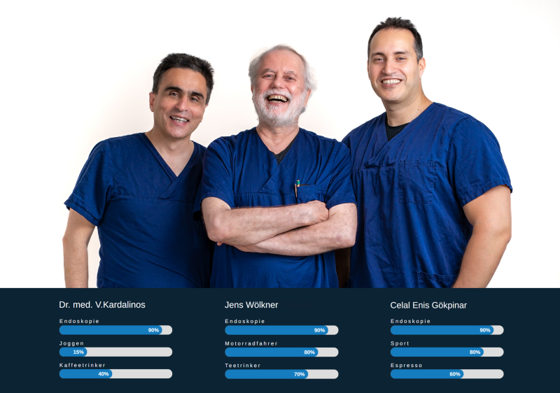 3 Ärzte lächeln in die Kamera, darunter Balken mit verschiedenen Tätigkeiten/Dingen und wie sehr sie auf den Arzt zutreffen