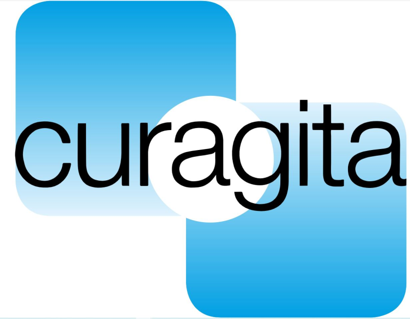 Curagita Logo Curagita in schwarzer Schrift mit blau weißen Hintergrund
