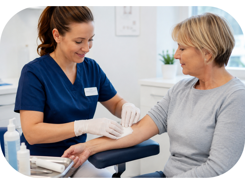 Krankenschwester versorgt die Wunde einer Patientin