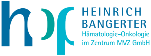 Logo Hämatologie-Onkologie im Zentrum, hop aus blauem, grünen und türkisen abgeschnittenen Buchstaben 