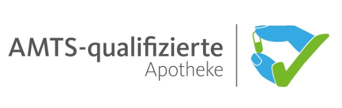 blau-grünes Logo mit Tablette zwischen zwei Fingern und Schriftzug AMTS-qualifizierte Apotheke