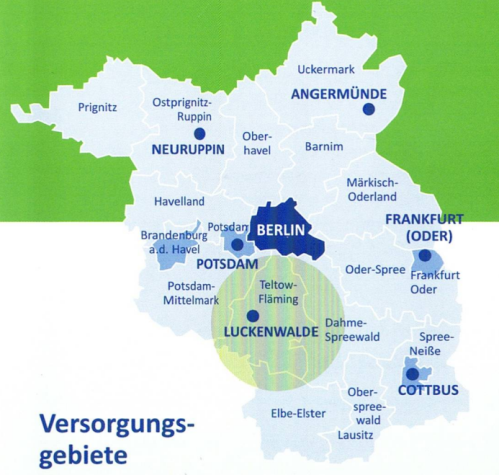 Versorgungsgebiete Ausschnitt Landkarte Luckenwalde in grün und blau