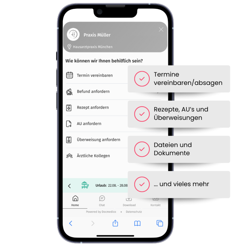 iPhone mit mobiler Ansicht der Online-Rezeption by Docmedico und Stichpunkten daneben