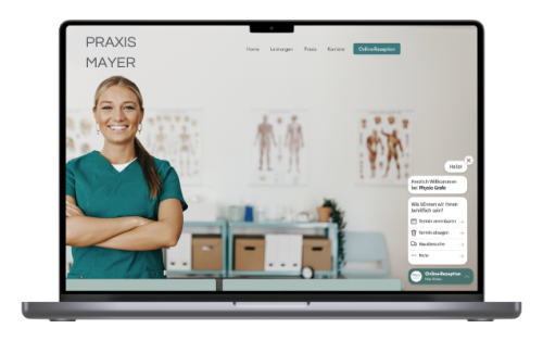 Website Laptop mit der Startseite einer Hausarztpraxis und der Online-Rezpetion by Docmedico