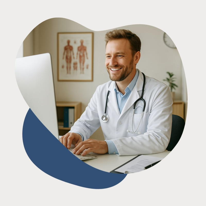 Vorteile Docmedico x dubidoc Arzt in einem Weißen Kittel ist an einem PC und tippt etwas ein
