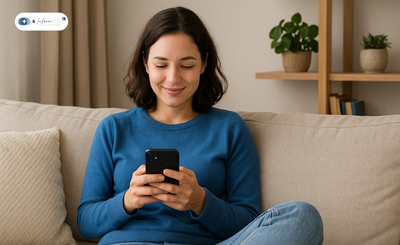 Frau sitzt auf der Couch und tippt auf dem Handy