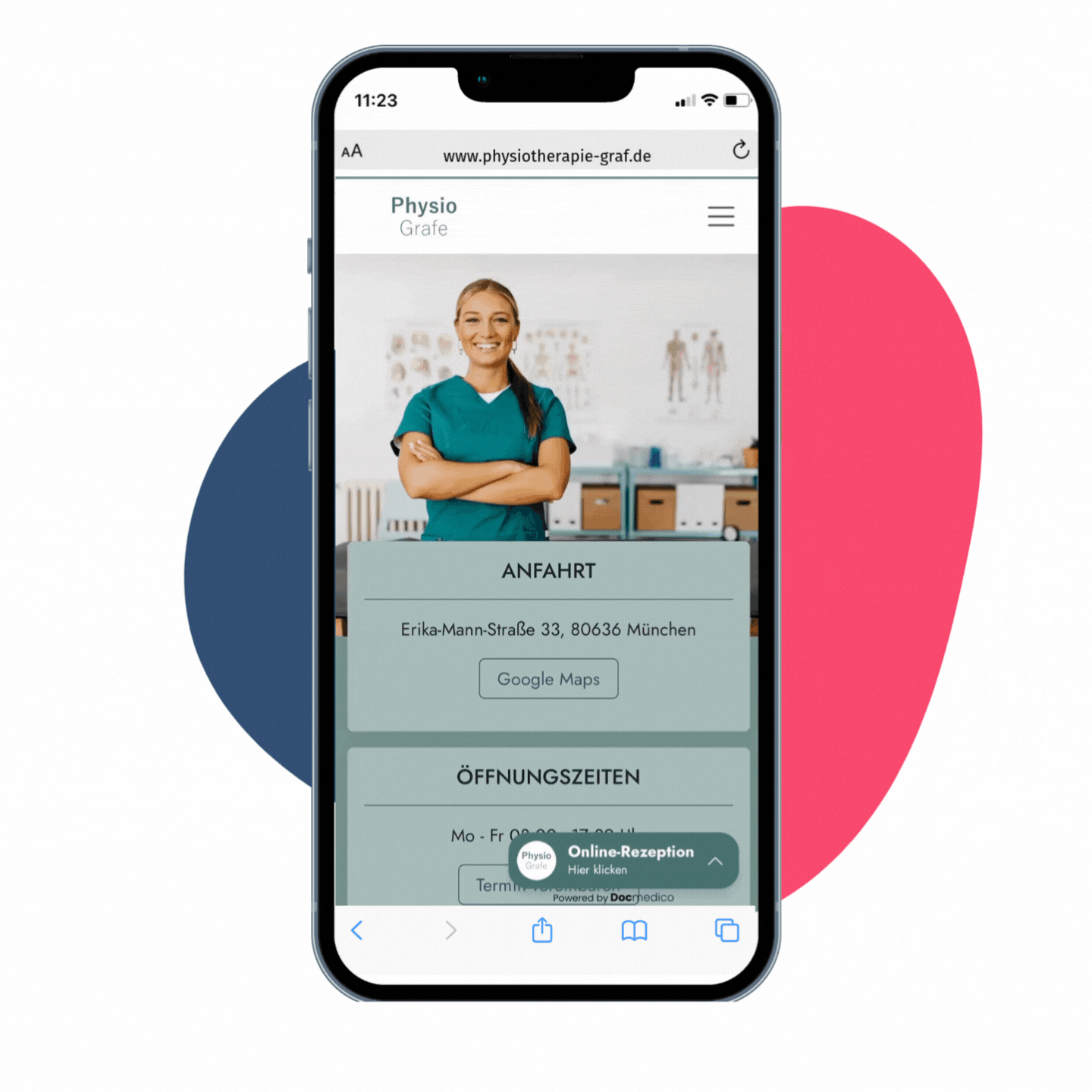 Online-Rezeption für Physiotherapeuten Die Online-Rezeption by Docmedico wird auf einem Handy Display angezeigt