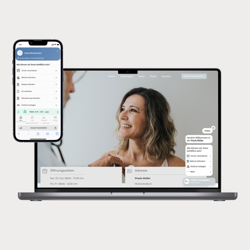 Laptop mit frau im hintergrund und handy mit der online rezeption