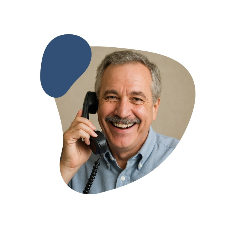 Ein Mann der ein Telefon in der Hand hat und am lachen ist