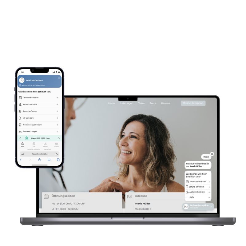 Laptop und Handy mit der Online-Rezeption von Docmedico auf dem Bildschirm