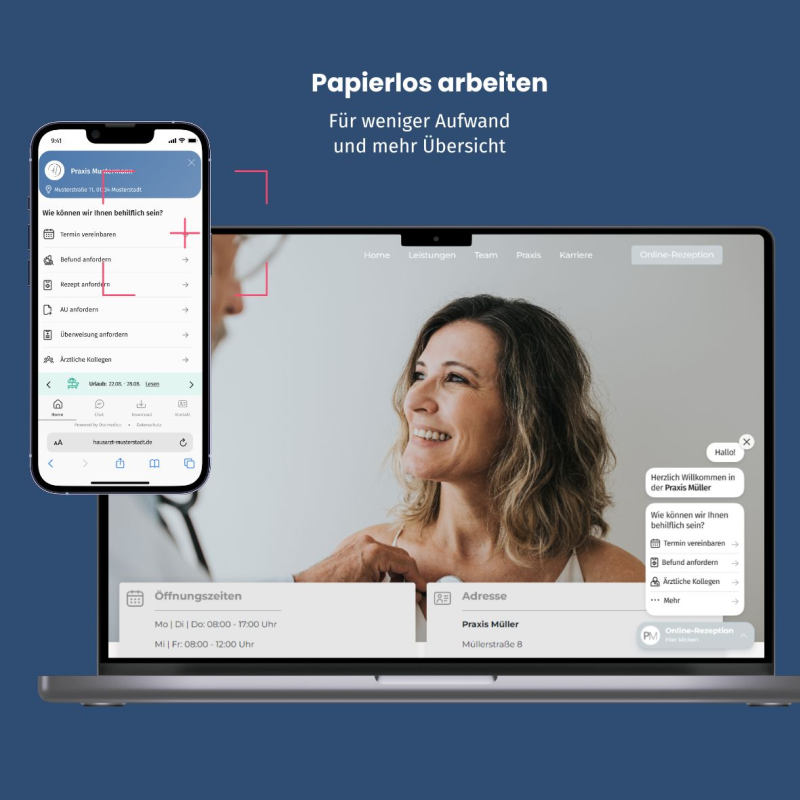 Online-Rezeption von Docmedico ist auf dem Bildschirm eines Laptops und eines Handys 