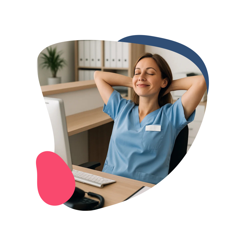 Eine Praxismitarbeiterin sitzt mit ihren Armen hinter dem Kopf entspannt am Schreibtisch und hat die Augen geschlossen