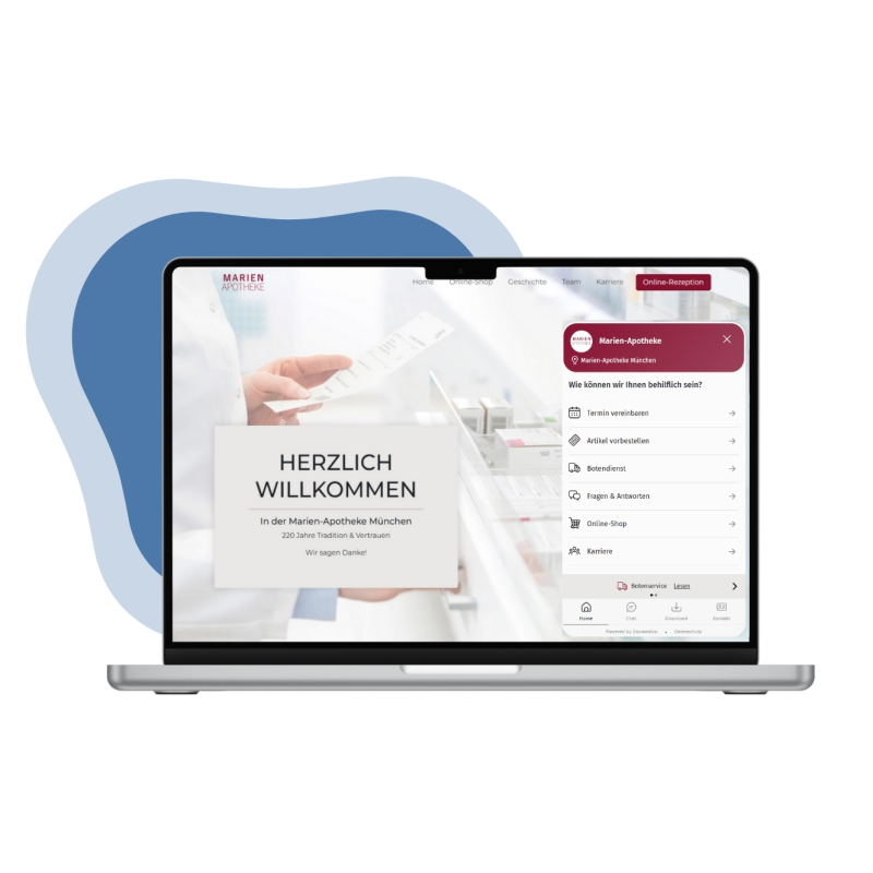 Online-Rezeption für Apotheker Laptop zeigt die Online-Rezeption auf der Website der Marien-Apotheke