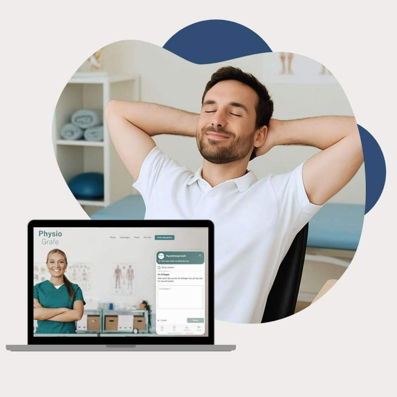 Online-Rezeption für Physiotherapeuten Mann sitzt mit geschlossenen Augen und zurück gelehnt auf einem Stuhl