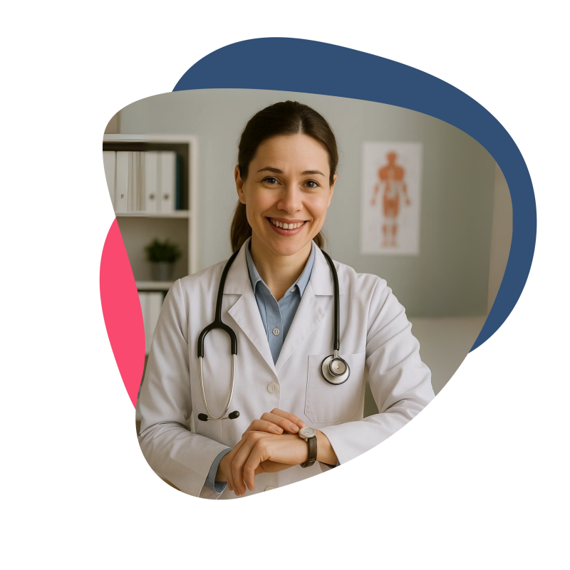 Ärztin ist am lächeln und hält ihre Uhr am Arm 