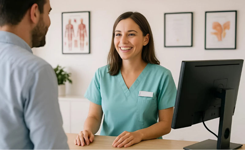 Von Anfang an digital durchstarten MVA hinter dem Empfang berät einen Patienten