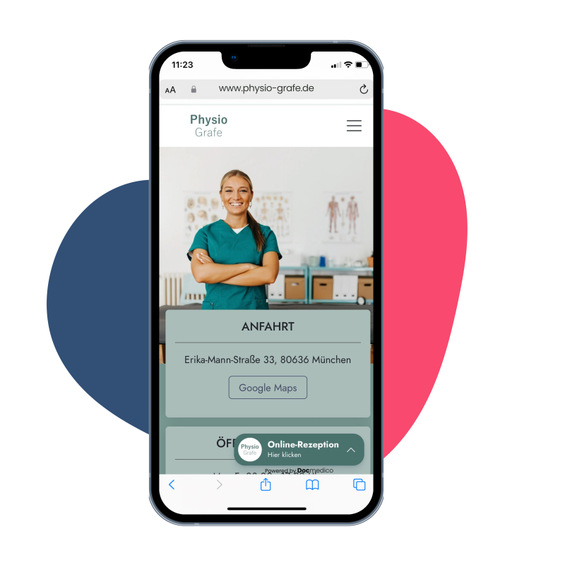 Handy zeigt die Online-Rezeption auf der Website von Physio-Grafe