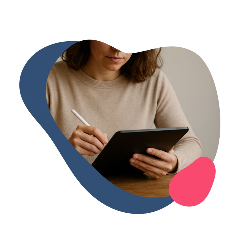 Frau schreibt auf einem schwarzen Tablet