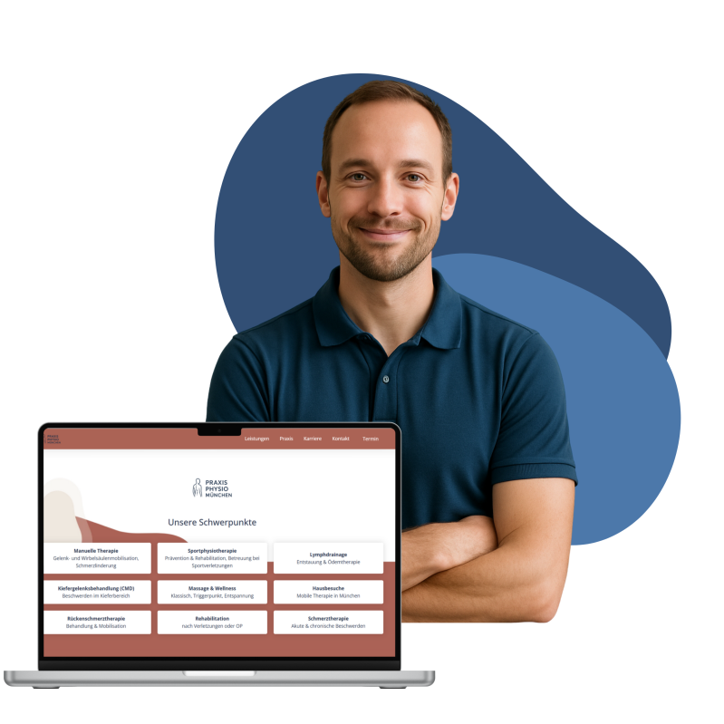 Laptop mit einer Website einer Physiopraxis und dahinter ein Mann, der lächelt