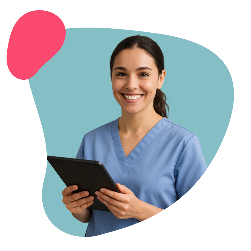 Individuell für Ihre Praxis Frau, die ein Tablet in der Hand hält und lächelt