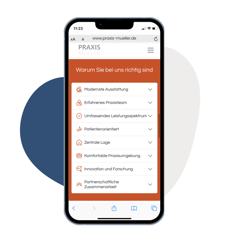 iPhone, auf dem man eine Arztwebsite sieht