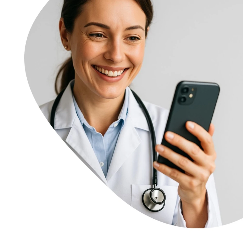 Ärztin hält ein Handy in der Hand