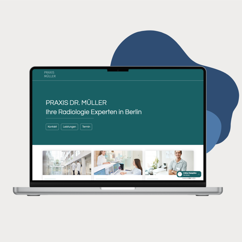 Laptop zeigt die Website der Arztpraxis Müller.