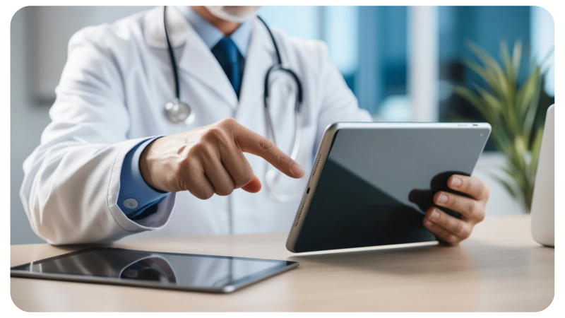 Ein Arzt, der ein Tablet in der Hand hält.