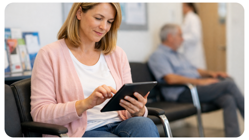 Eine Patientin sitzt im Wartezimmer und macht ihre Anamnese digital