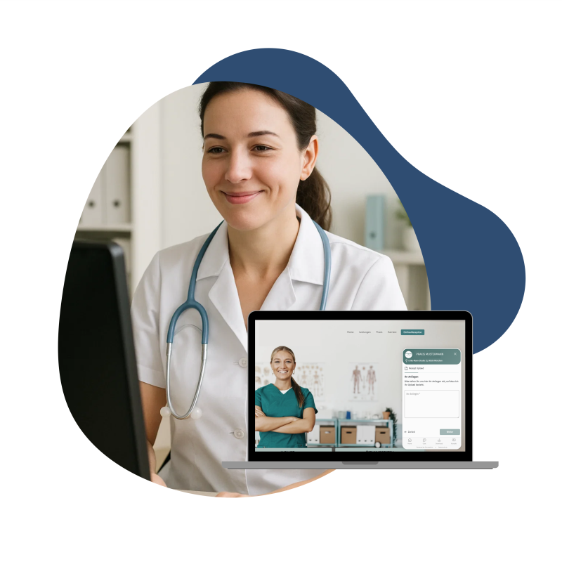 Ärztin, die hinter einem PC sitzt und ein Laptop im Vordergrund mit der Online-Rezeption von Docmedico