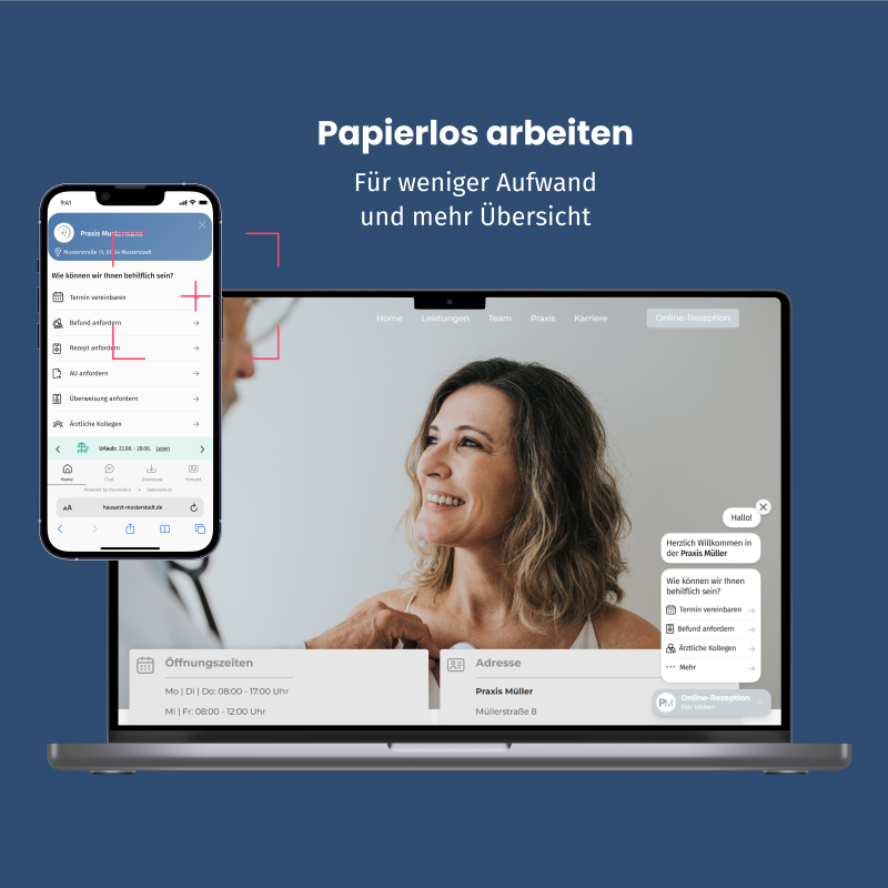 Laptop mit einer Docmedico Website und Handy mit der Online-Rezeption