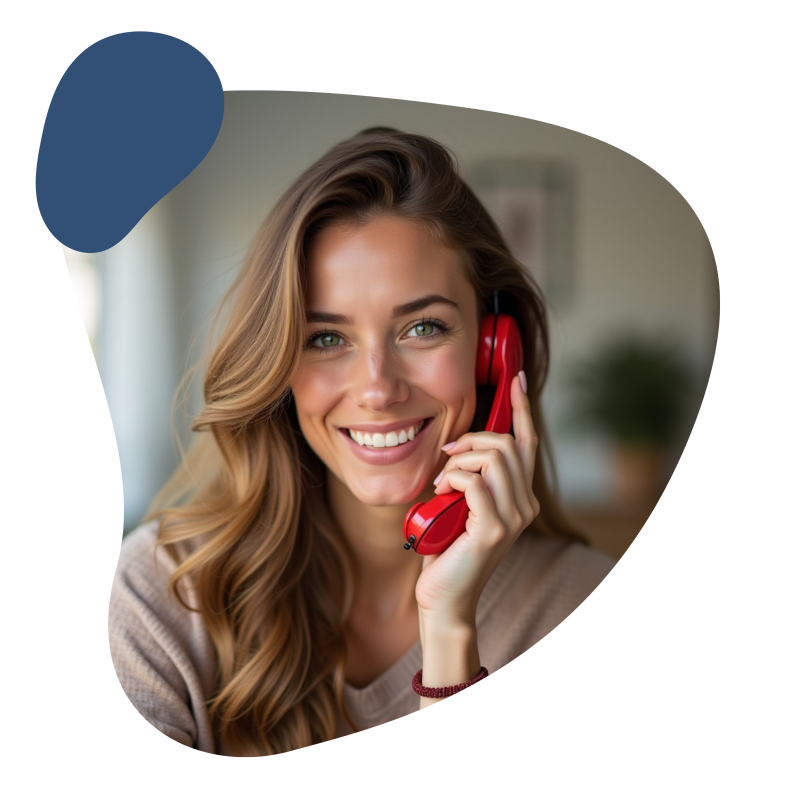 Frau hält ein rotes Telefon ans Ohr