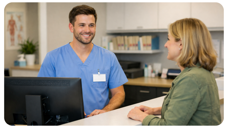 MFA und Patientin am Empfang