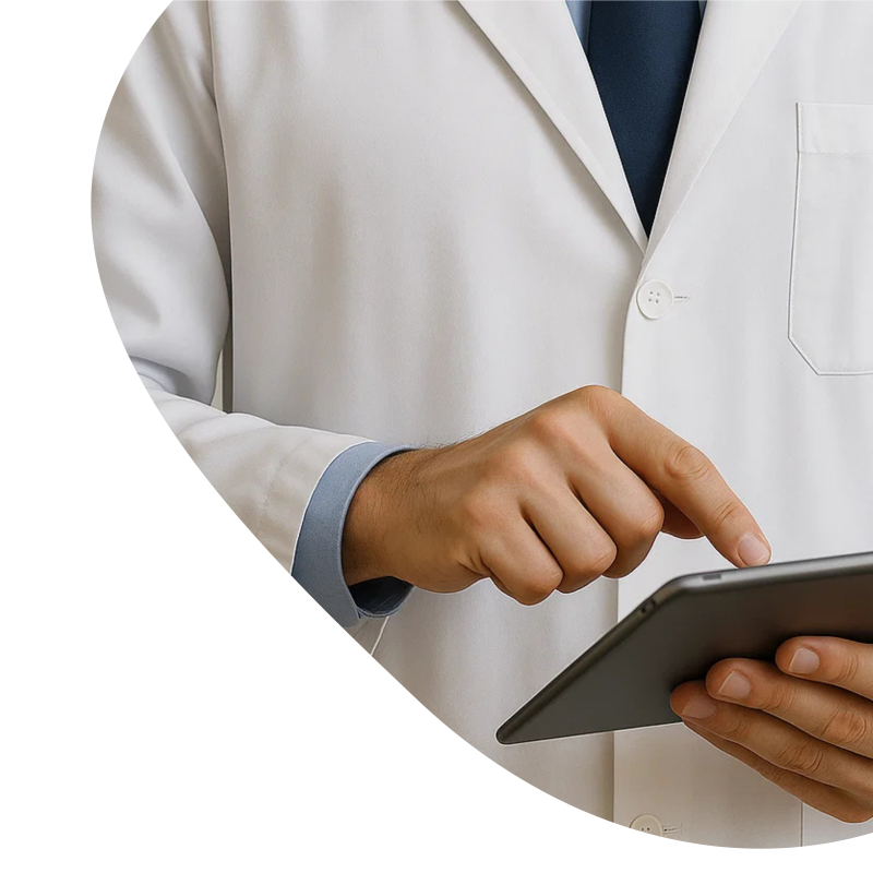 Arzt tippt auf einem Tablet