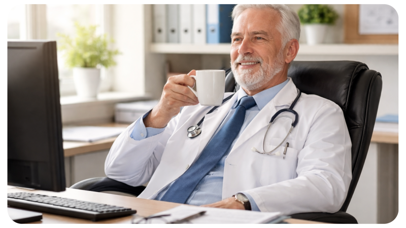 Ein Arzt an einem PC, der sich zurücklehnt und Kaffee trinkt