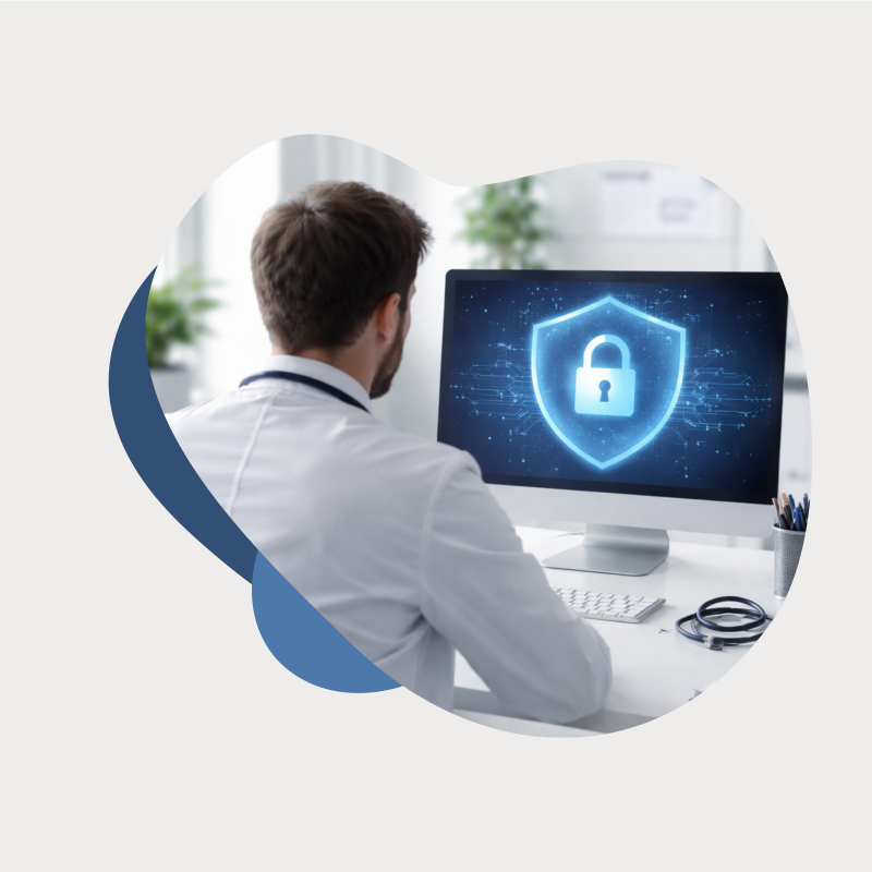 Ein Arzt sitzt an einem PC mit einem Datenschutz Symbol