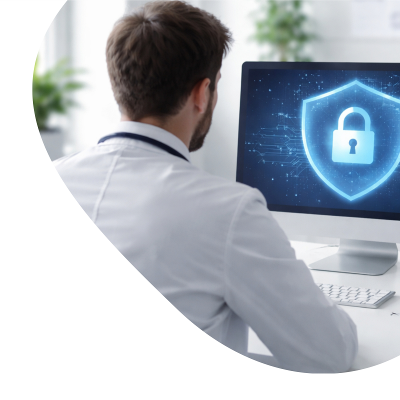 Ein Arzt sitzt vor einem PC mit einem Datenschutz Symbol