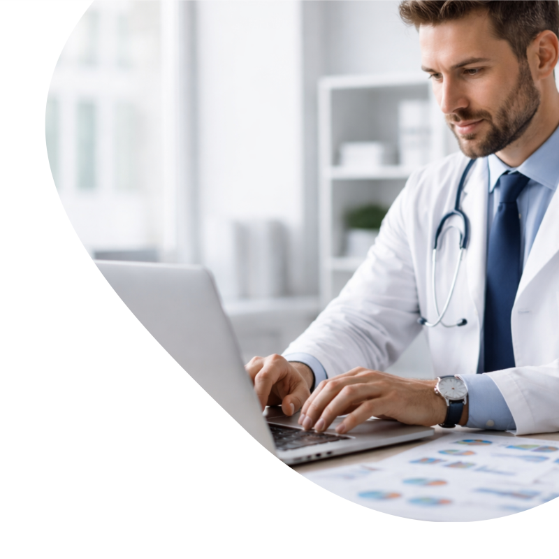 Ein Arzt sitzt an einem PC