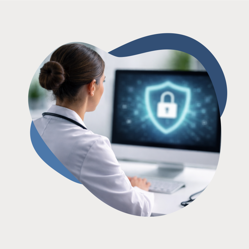 Eine Ärztin sitzt an einem PC mit einem Datenschutz Symbol