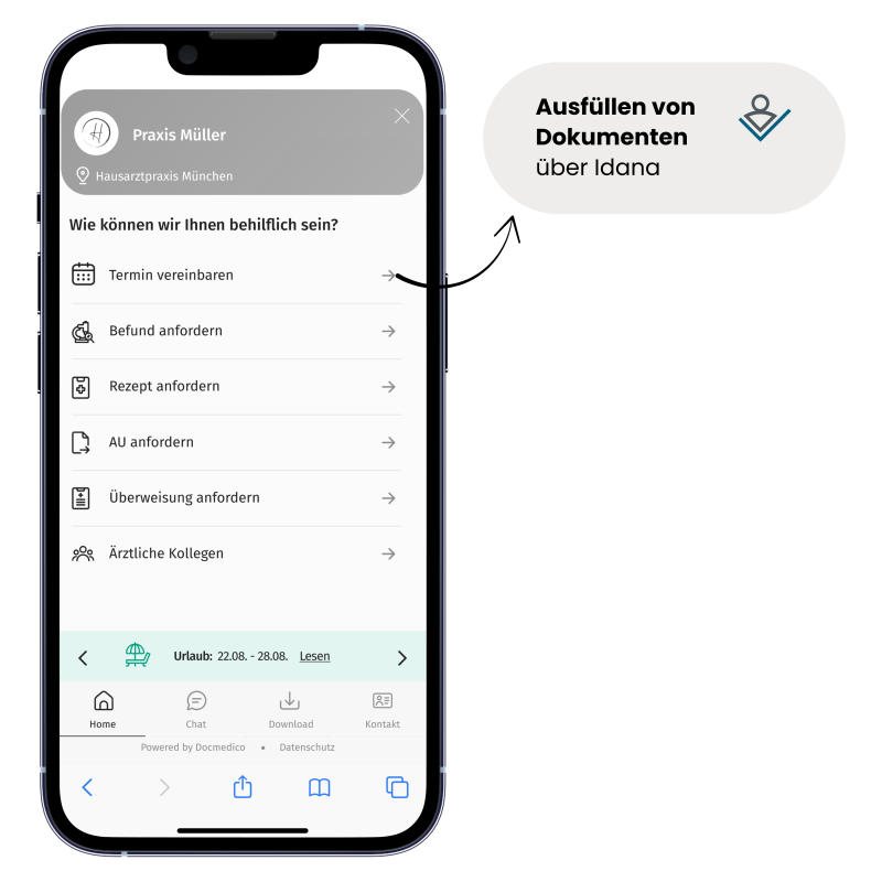 Handy mit einer Online-Rezeption Docmedico und eine Button