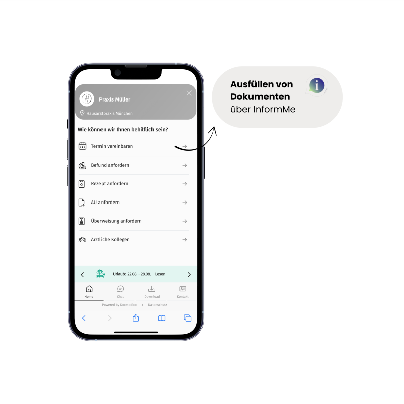 ein Handy mit der Docmedico Online-Rezeption und einem Button