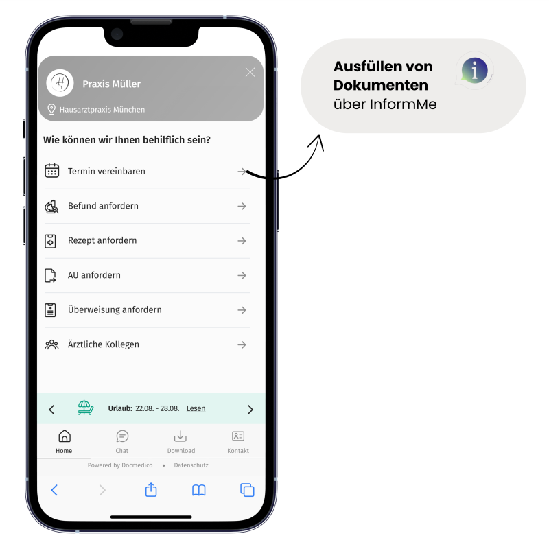 Ein Handy mit der Docmedico Online-Rezeption mit einem Button