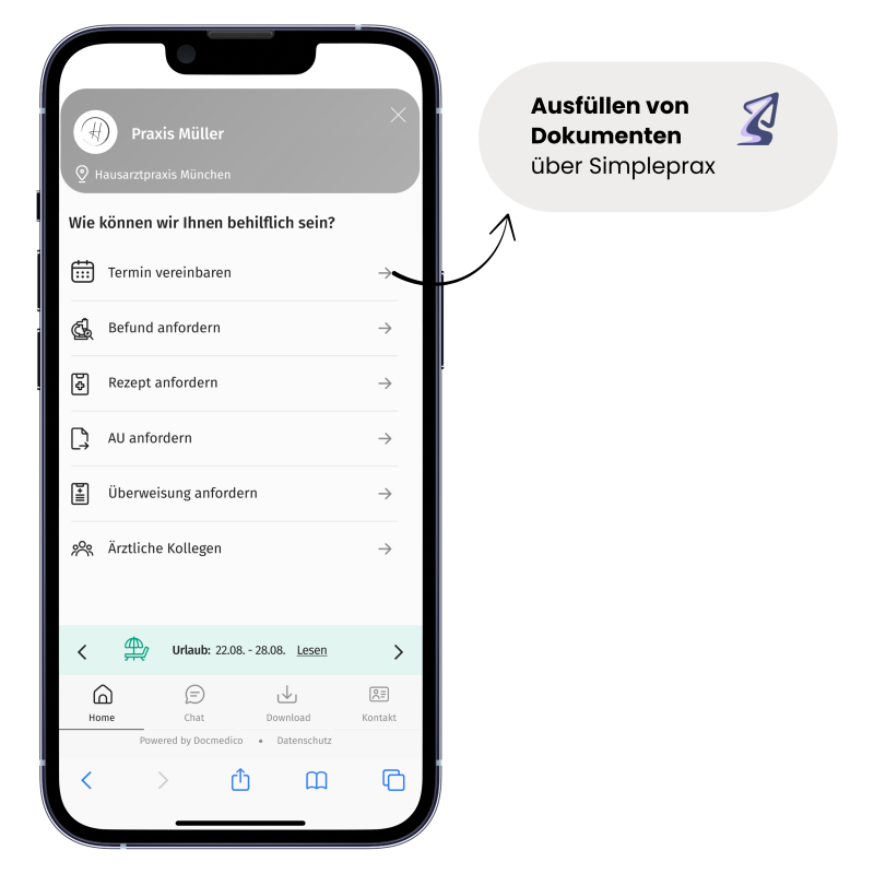 ein Handy mit der Docmedico Online-Rezeption und einem Button