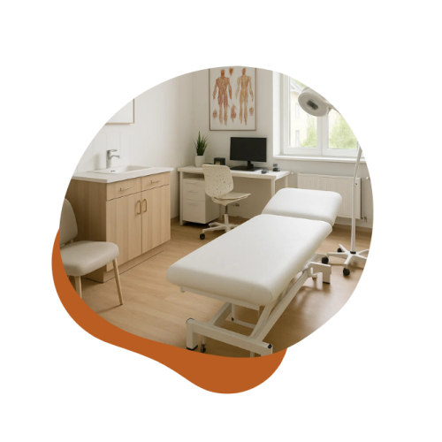 Behandlungsraum einer Arztpraxis in weiß mit orangener Bubble