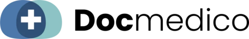 Docmedico Logo Logo in Blau und schwarz, mit einem weißen Kreuz von Docmedico
